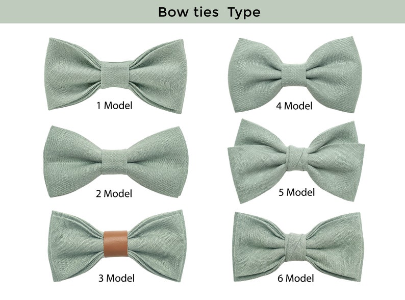 Light sage green color linen pre-tied bow ties in six various styles: classic type bow tie, bow tie with leather, butterfly style bow tie, wedding style bow tie, standard bow tie, and others.
The bow tie has an attached adjustable strap