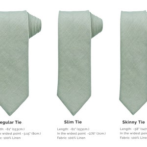 Ties are shown and described in three sizes.
Skinny tie length 147 cm., Width: 5,5 cm. at the widest point.
Slim tie length 153 cm., Width: 7 cm. at the widest point.
Regular tie length 153 cm., Width: 8 cm. at the widest point.