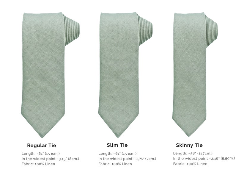 Ties are shown and described in three sizes.
Skinny tie length 147 cm., Width: 5,5 cm. at the widest point.
Slim tie length 153 cm., Width: 7 cm. at the widest point.
Regular tie length 153 cm., Width: 8 cm. at the widest point.