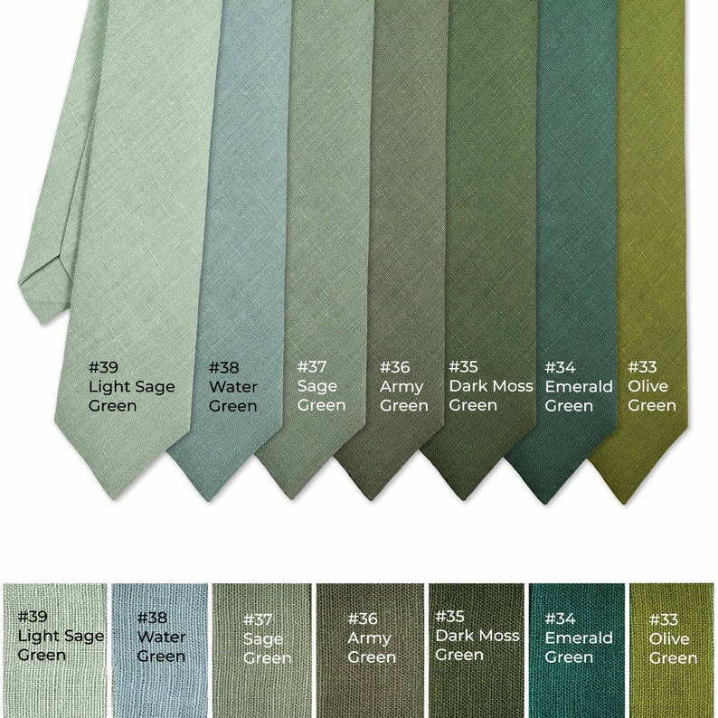 Green colors Ties: Light sage green color tie, Water green color tie, Sage green color tie, eucalyptus green color tie, Army green color necktie, Dark moss green color necktie, Emerald green necktie, pistachio green tie, lime green tie.