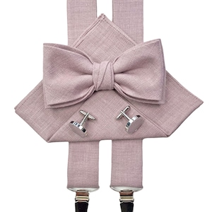 Dusty Mauve Linen Bow Tie / Dusty Mauve Linen Suspenders / Dusty Mauve Cufflinks / Dusty Mauve Pocket Square