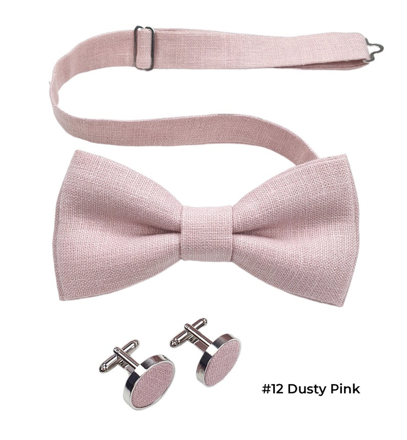 Dusty Pink Linen Bow Tie / Dusty Rose Linen Bowtie / Dusty Rose Pocket Square / Bow Suspenders Pochette / Dusty Rose Cufflinks image 2