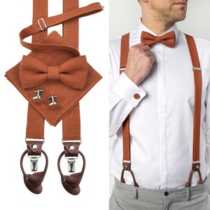 BURNT ORANGE MAN'S accessories with leather: Bow Tie, Cufflinks, Pocket Square, Suspenders with leather ends