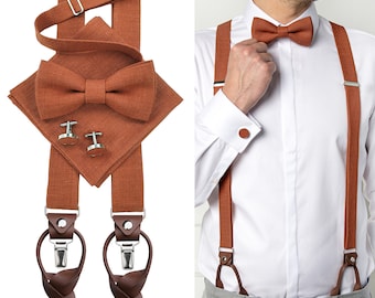 BURNT ORANGE MAN'S accessories with leather: Bow Tie, Cufflinks, Pocket Square, Suspenders with leather ends