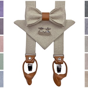 NATURAL COLOR MAN'S accessories with leather details: Bow Tie, Cufflinks, Pocket Square, Suspenders