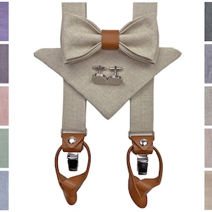 NATURAL COLOR MAN&#39;S accessories with leather details: Bow Tie, Cufflinks, Pocket Square, Suspenders