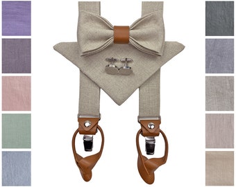 NATURAL COLOR MAN'S accessories with leather details: Bow Tie, Cufflinks, Pocket Square, Suspenders