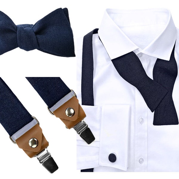 Accessoires HOMME BLEU MARINE avec extrémités en cuir: Nœud papillon à nouer bleu foncé, boutons de manchette, pochette de costume, bretelle