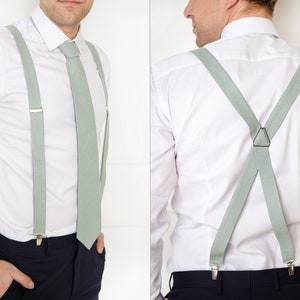 Sage green tie with sage green suspenders for wedding.