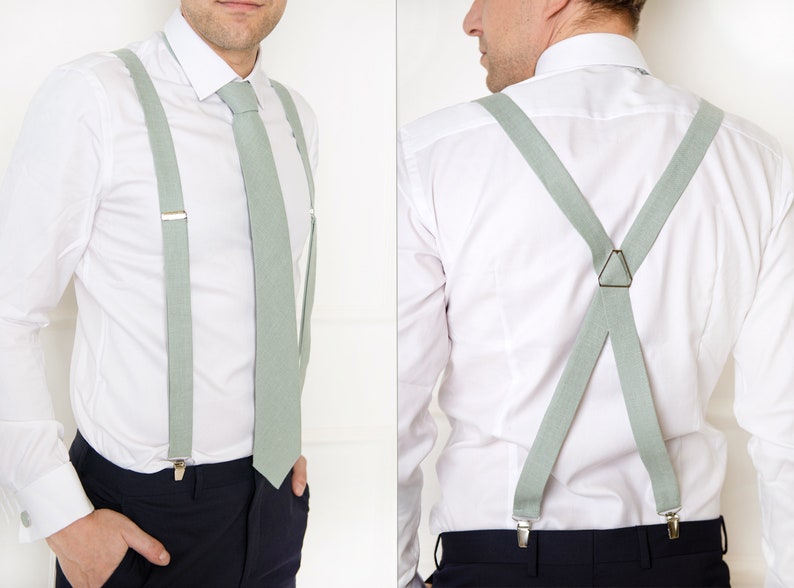 Sage green tie with sage green suspenders for wedding.