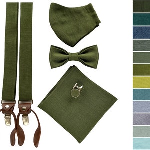May include: A set of green linen accessories for men, including suspenders, a bow tie, a pocket square, and a face mask. The set is perfect for adding a touch of style to any outfit.