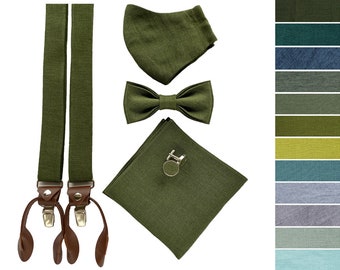 DARK MOSS GREEN wedding set for Him: Bow Tie, Cufflinks,Pocket Square, Suspenders with leather ends