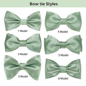 Each uniquely designed bow tie is carefully designed and manufactured in our company. All bow ties are made in light sage green satin.