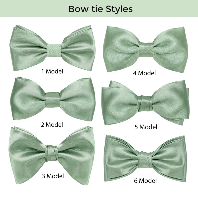 Each uniquely designed bow tie is carefully designed and manufactured in our company. All bow ties are made in light sage green satin.