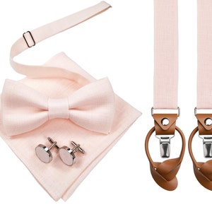 Light Blush man&#39;s accessories: Bow Tie, Suspenders with leather ends, Cufflinks, Pocket Square, Braces with clips and leather button straps