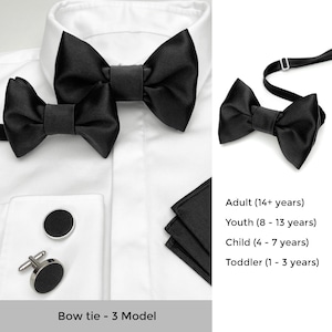 Differents styles de nœuds papillon pour mariage, fete, anniversaire, cadeau et autres en satin noir.