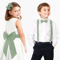 Green Flower Girl Hair Bow, Girls Linen Sash Belt with Bow Eucalyptus Green, Boys Bow tie Suspenders Eucalyptus Sage Green and other colours product logo
