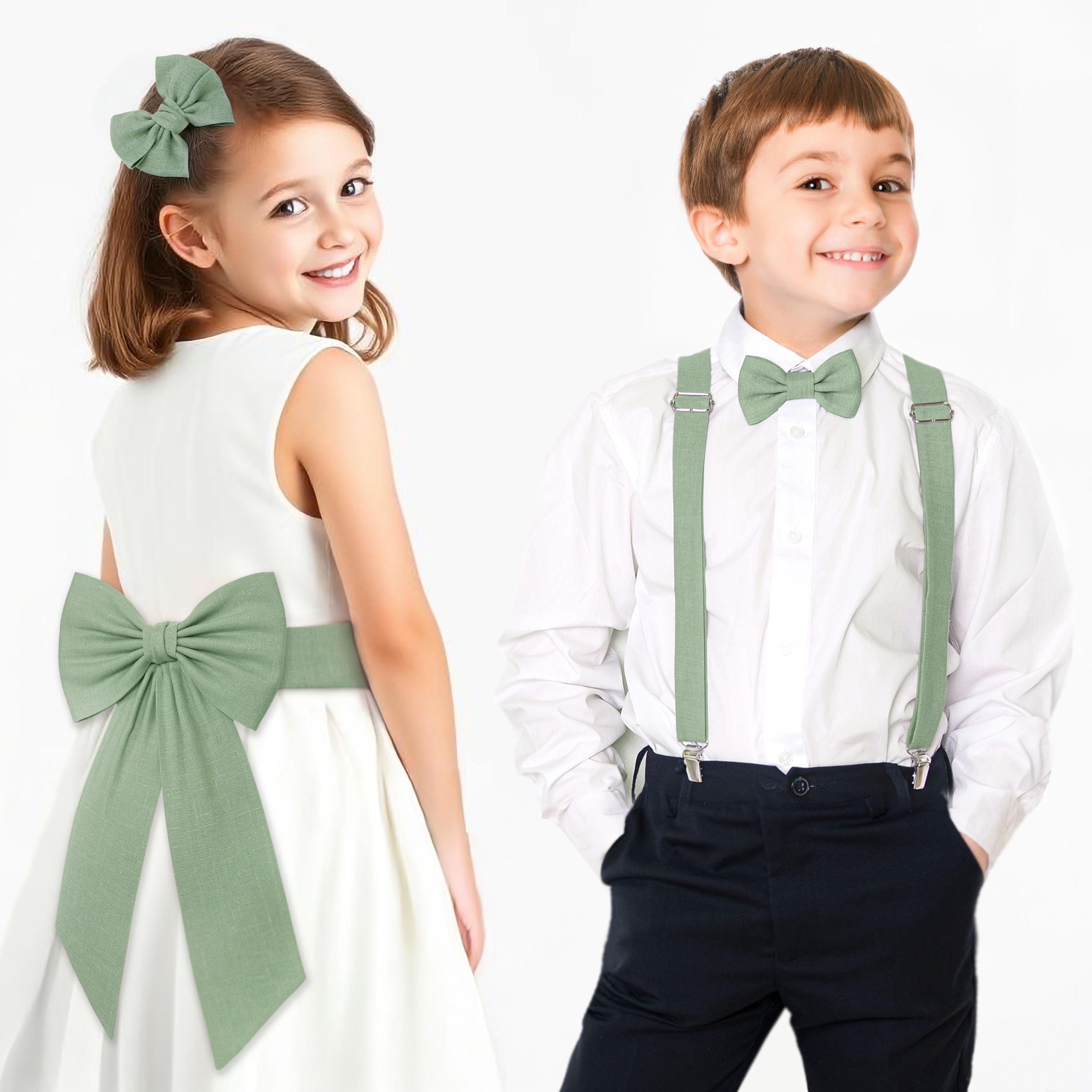 Green Flower Girl Hair Bow, Girls Linen Sash Belt with Bow Eucalyptus Green, Boys Bow tie Suspenders Eucalyptus Sage Green and other colours