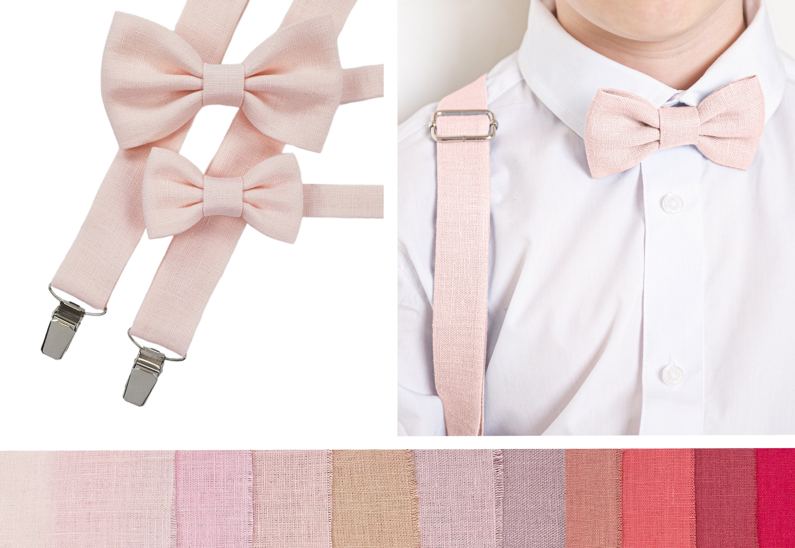 Ensemble Nœud Papillon Et Bretelles Rose Clair Pour Garçon - Taille Réglable Jusqu'à 135 Cm - Pour Mariage, Fête