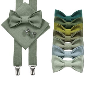 Eukalyptus grünes Hochzeit Fliege Set: Fliege, Manschettenknöpfe, Einstecktuch, Hosenträger, Eukalyptus Bräutigam Fliege, Trauzeugen Fliege