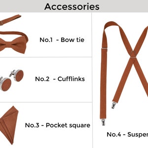 May include: A set of brown accessories for a suit, including a bow tie, cufflinks, a pocket square, and suspenders. The accessories are numbered 1 through 4.