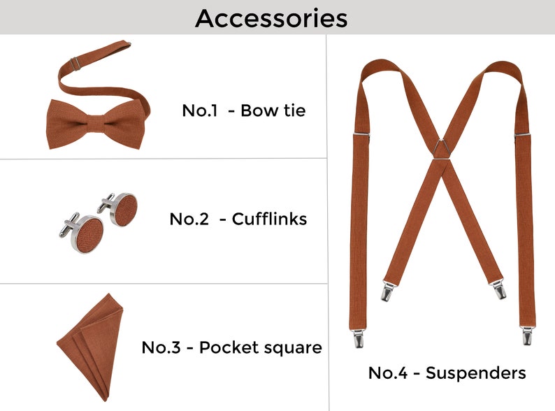 May include: A set of brown accessories for a suit, including a bow tie, cufflinks, a pocket square, and suspenders. The accessories are numbered 1 through 4.