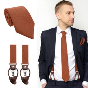 Burnt Orange Regular Tie, Burnt Orange Suspenders with leather ends, Burnt Orange Cufflinks, Burnt Orange Pocket Square, Wedding Tie Set
