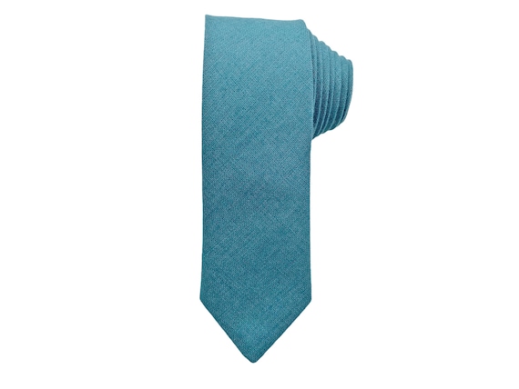 Cadet Blue Skinny Tie / Cadet Blue Linen Skinny Necktie / Cadet Blue Linen  Cufflinks / Cadet Blue Linen Suspenders / Skinny Wedding Tie Set -   Israel