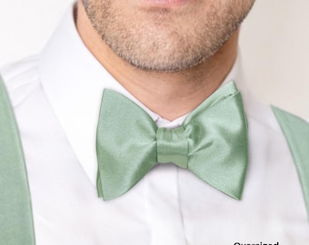 Light Sage Green Satin Butterfly Self Tie Bow tie, Wedding Sage green Self-tie Bow tie, Men's Light Green Satin Bow tie Suspenders Cufflinks