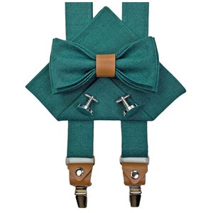 EMERALD GREEN man's accessories with leather details: Bow Tie, Cufflinks, Pocket Square, Suspenders