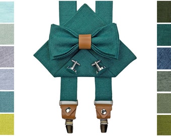 EMERALD GREEN man's accessories with leather details: Bow Tie, Cufflinks, Pocket Square, Suspenders