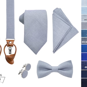 Dusty Blue color Regular Tie, Dusty Blue Slim Tie, Skinny tie, Bow Tie, Dusty Blue Suspenders with leather ends, Cufflinks, Pocket square