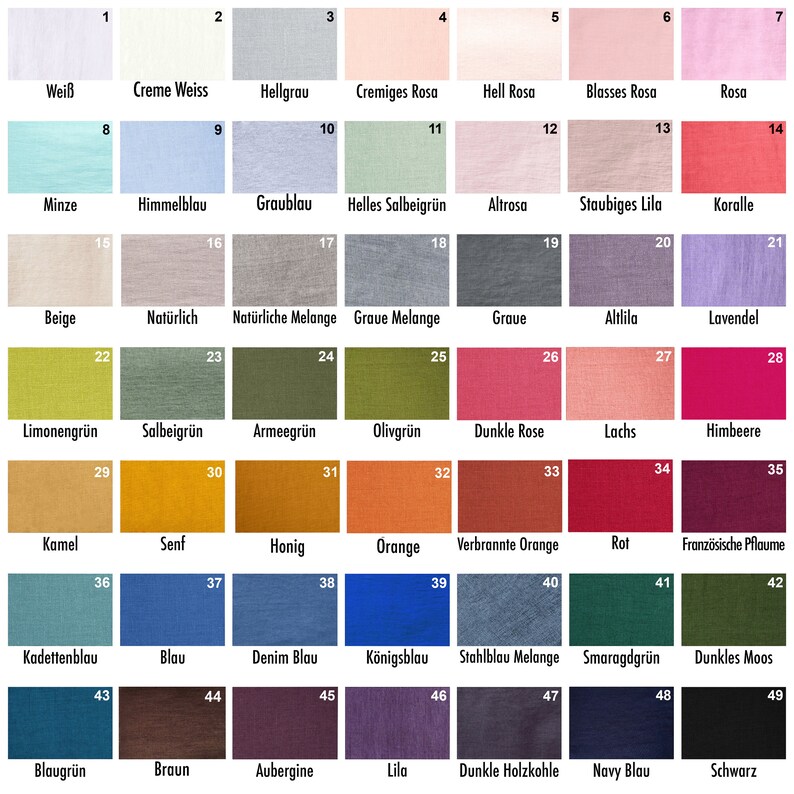 May include: A color chart with 49 fabric swatches, each labeled with a number and a German word. The swatches are arranged in rows and columns, and the colors range from white to black.