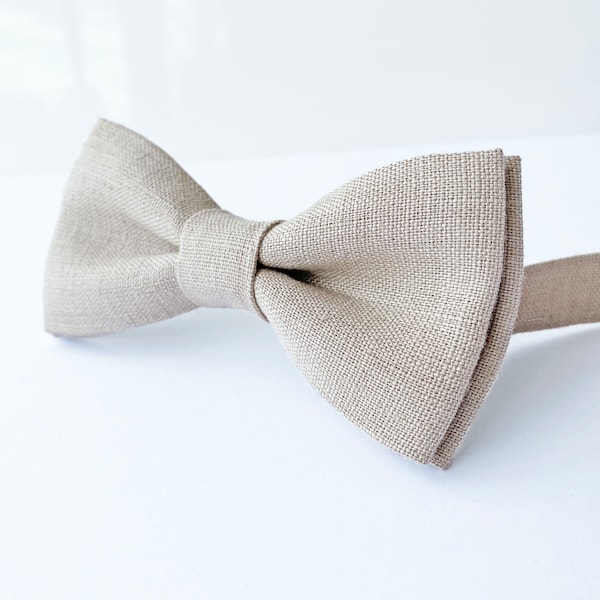 Beige Bow Tie / Beige Linen Bow Tie / Beige Cufflinks / Wedding Bow Tie / Beige Braces For Him