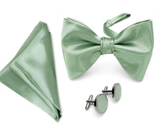 Oversized Wedding Bow tie in Satin Light Sage Green, Groom Butterfly Bow tie Set in Light Sage Green, Light Sage Green Satin Suspenders