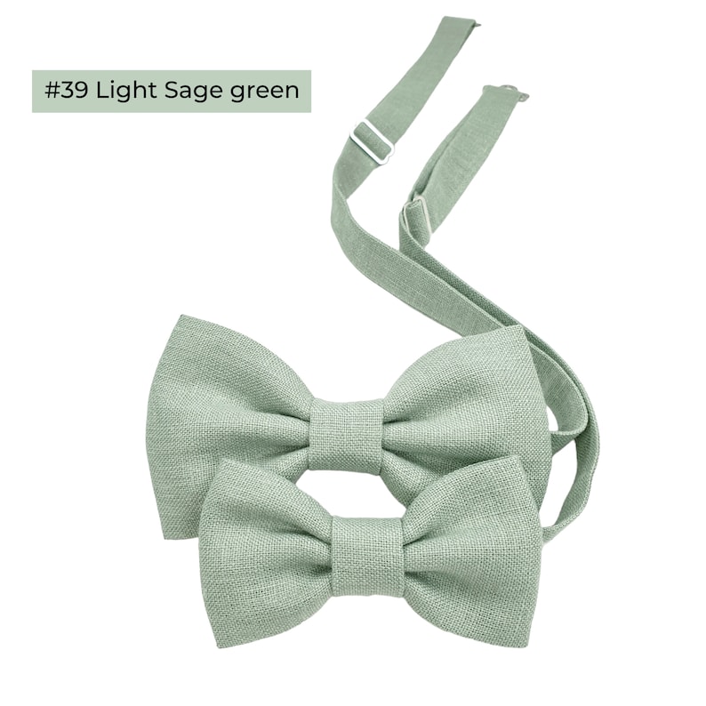 Light Sage Green colors linen pre-tied bow ties in Adult and child sizes. The bow tie has an attached adjustable strap.