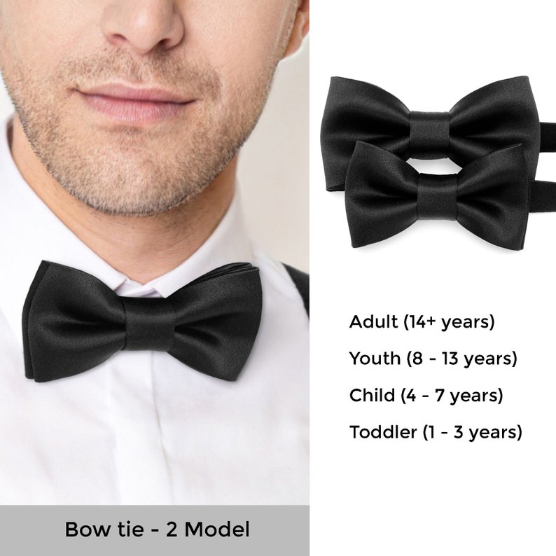 Most popular formal classic style black silk satin bow tie for any occasion. Matching bow tie for kids and adults.
Nœud papillon en satin noir uni de style classique pour toute occasion. Noeud papillon assorti pour enfants et adultes.