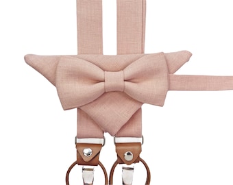 CREAMY PINK man's accessories: Suspenders with leather ends, Creamy pink Bow Tie, Cufflinks, Pocket Square, Creamy pink suspenders