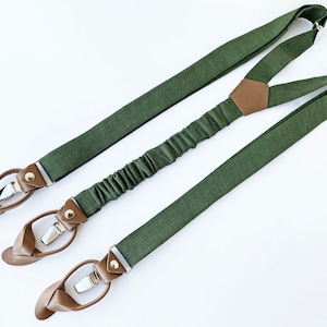 Suspenders With Leather Button Straps and With Clips / Linen Groomsmen Suspenders / Wedding Suspenders / Dark Moss Green Braces For Man