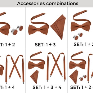May include: A set of brown bow tie, cufflinks, pocket square, and suspenders. The image shows different combinations of these accessories. The text on the image reads "Accessories combinations" and "SET: 1 + 2", "SET: 1 + 3", "SET: 1 + 2 + 3", "SET: 1 + 4", "SET: 1 + 3 + 4", "SET: 1 + 2 + 3 + 4".