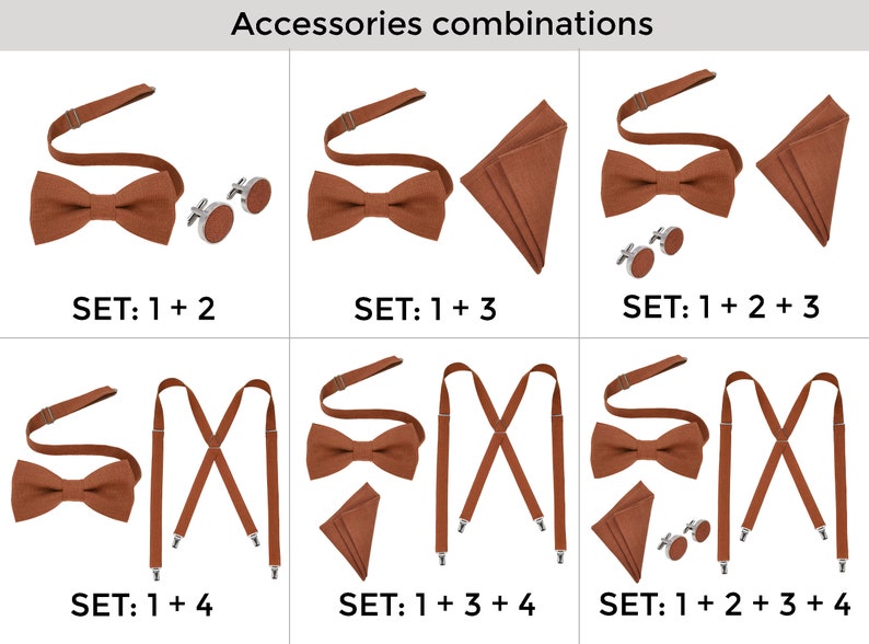May include: A set of brown bow tie, cufflinks, pocket square, and suspenders. The image shows different combinations of these accessories. The text on the image reads "Accessories combinations" and "SET: 1 + 2", "SET: 1 + 3", "SET: 1 + 2 + 3", "SET: 1 + 4", "SET: 1 + 3 + 4", "SET: 1 + 2 + 3 + 4".