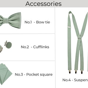 All different accessories are listed by numbers:
No.1 - Bow tie
No.2 - Cufflinks
No.3 - Pocket square
No.4 – Suspenders X