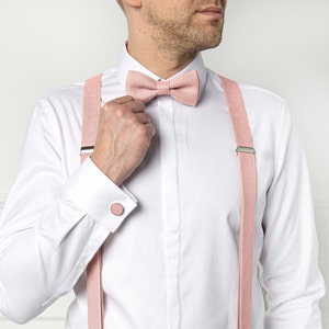 pale pink bow tie and suspenders