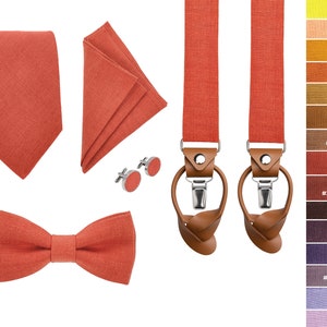 Aurora red Regular Tie, Aurora red Slim Tie, Aurora red Skinny tie, Bow Tie, Aurora red Suspenders with leather ends, Pocket square