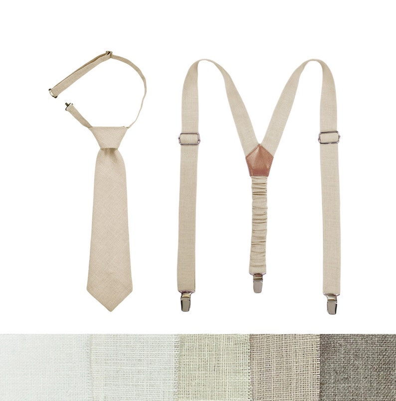 Beige Child Pre-tied Tie, Beige Child Suspenders, Beige Toddler Pre-tied Necktie and Suspenders, Beige Teens Tie and Braces, Beige Adult Tie image 1