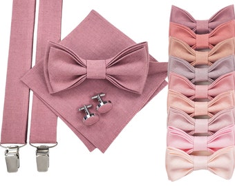 Mauve Quartz Bow Tie / Mauve Quartz Cufflinks / Mauve Quartz Pocket Square / Mauve Quartz Suspenders / Linen Wedding Bow Tie Set