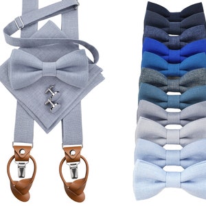 DUSTY BLUE men's accessories: Bow Tie, Suspenders with leather ends, Cufflinks, Pocket Square, Braces with clips and leather button straps