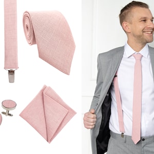Pale Pink Skinny Tie / Linen Skinny Necktie  / Pale Pink Wedding Tie / Men&#39;s Tie / Pale Pink Cufflinks / Pale Pink Men&#39;s Tie Set