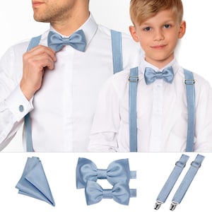 Papillon in raso blu polvere per uomo, papillon in raso blu polvere per bambini, papillon in raso blu polvere e bretelle per padre e figlio, set per sposo e bambino