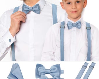 Dusty Blue Satin Bow tie for Man, Dusty blue Satin Bow tie for Kids, Father and Son Dusty blue Satin Bow tie & Suspenders, Groom and Boy Set